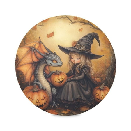 WOBOGO Little Witch and Her Dragon Round Placemats Set of 6 Heat Resistant Washable Kitchen Table Decorations 15.4in