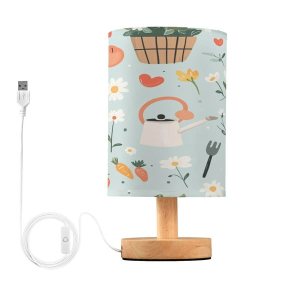 WOBOGO Log Cabin Apple Carrot Pattern Bedroom Table Lamp USB Power Connector Wooden Base Round Linen Shade For Living Room Desk