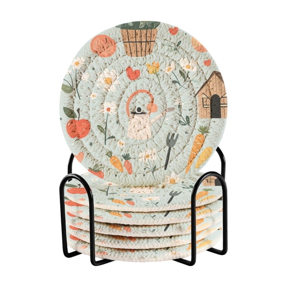 WOBOGO Log Cabin Apple Carrot Pattern Coil Coasters Set of 6 Minimalist Cotton Woven 3.94 inch Non-Slip Insulated and Absorbent Home Accessories.