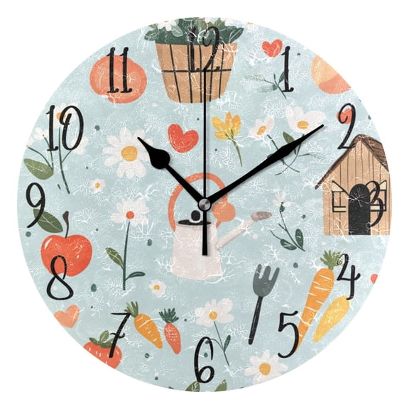 WOBOGO Log Cabin Apple Carrot Pattern Wall Clock 10in Silent Mechanism Battery Operated Retro Style for Living Room Bedroom and Kitchen Black Pointer