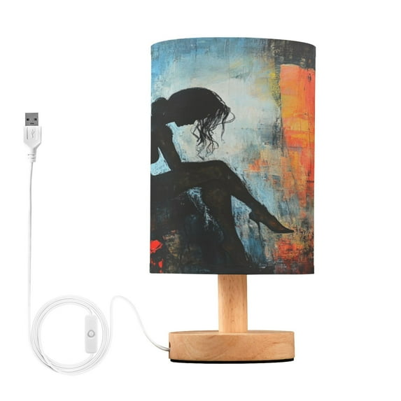 WOBOGO Lonely Woman Bedroom Table Lamp USB Power Connector Wooden Base Round Linen Shade For Living Room Desk