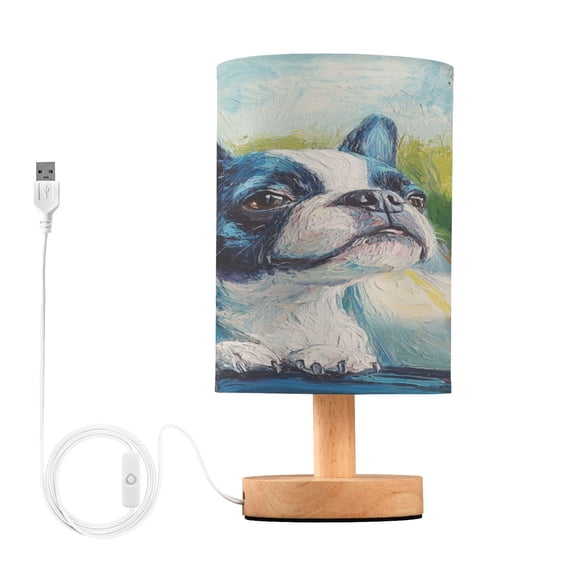 WOBOGO Lovely Boston Terrier Bedroom Table Lamp USB Power Connector Wooden Base Round Linen Shade For Living Room Desk