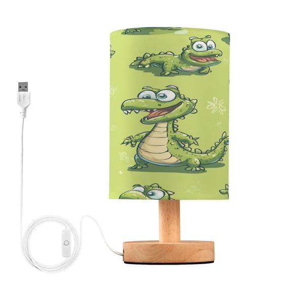 WOBOGO Lovely Cartoon Crocodile Bedroom Table Lamp USB Power Connector Wooden Base Round Linen Shade For Living Room Desk