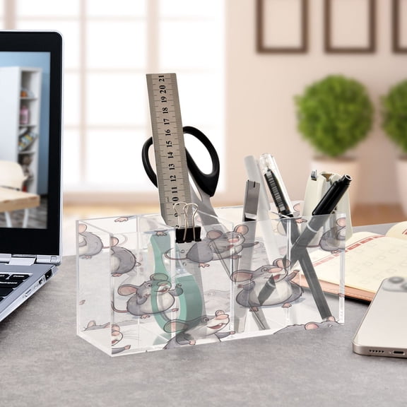 WOBOGO Lovely Cartoon Rat Acrylic Pen Holder 4 Compartments Clear Pencil Organizer Makeup Brush Storage Case