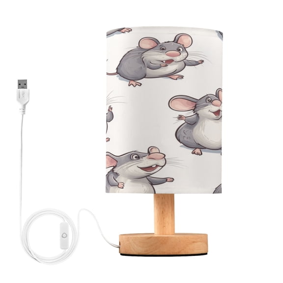 WOBOGO Lovely Cartoon Rat Bedroom Table Lamp USB Power Connector Wooden Base Round Linen Shade For Living Room Desk