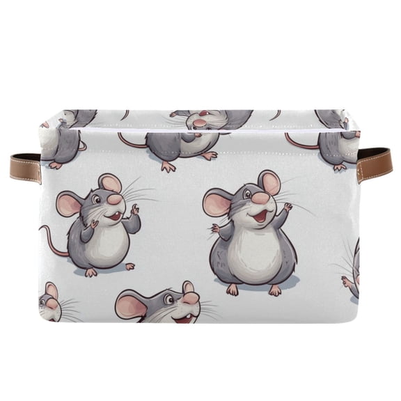 WOBOGO Lovely Cartoon Rat Square Storage Basket with Waterproof Canvas and PE Lining Durable PU Leather Handles 14.2×10.2×8.3in