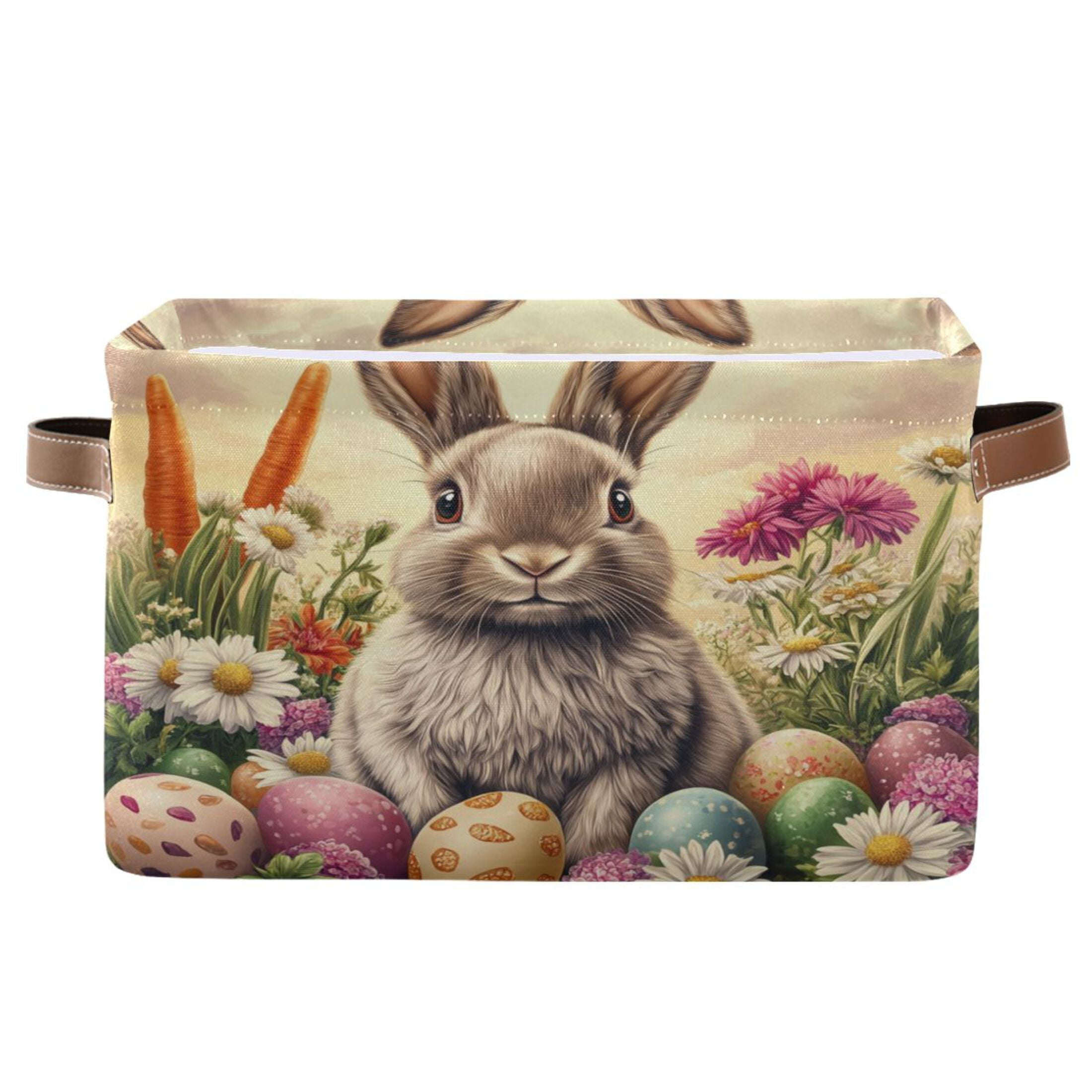 WOBOGO Lovely Easter Bunny Square Storage Basket with Waterproof Canvas and PE Lining Durable PU Leather Handles 14.2×10.2×8.3in
