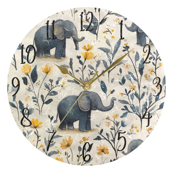 WOBOGO Lovely Elephants Wall Clock 10in Silent Mechanism Battery Operated Retro Style for Living Room Bedroom and Kitchen Gold Pointer