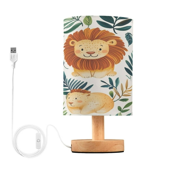 WOBOGO Lovely Lion Bedroom Table Lamp USB Power Connector Wooden Base Round Linen Shade For Living Room Desk