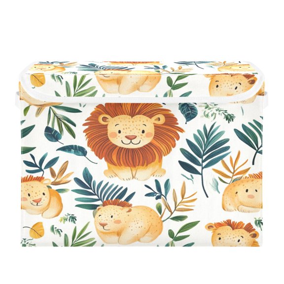 WOBOGO Lovely Lion Large Collapsible Storage Box Flip Lid Fabric Decorative Organizer Container Basket with Handles 16.512.611.8in