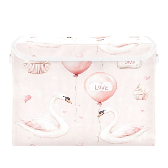 WOBOGO Lovely Pink Swans Large Collapsible Storage Box Flip Lid Fabric Decorative Organizer Container Basket with Handles 16.512.611.8in