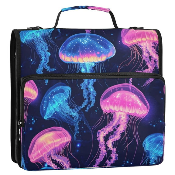 WOBOGO Luminous Jellyfish Ring Binder Bag 1.5in Folder Organizer with Shoulder Strap for 13Inch Laptop and 500 Sheets of Paper