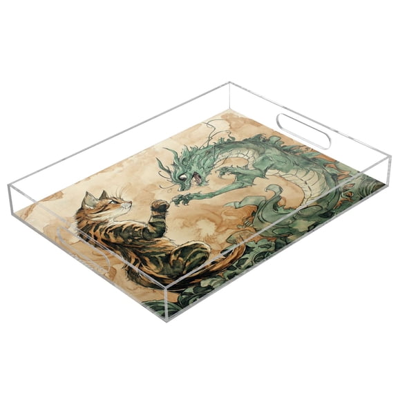 WOBOGO Lynx and Dragon Painting Acrylic Serving Trays 15.7x11.8 Inch Spill Proof Clear Decorative Organizer with Handle