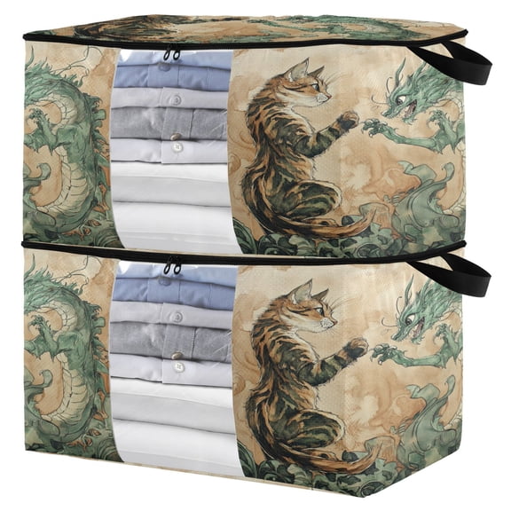 WOBOGO Lynx and Dragon Painting Clothes Storage 2Pack Foldable Thick Fabric Blanket Organizer Bag with Handle 24.8×16.93×16.17in