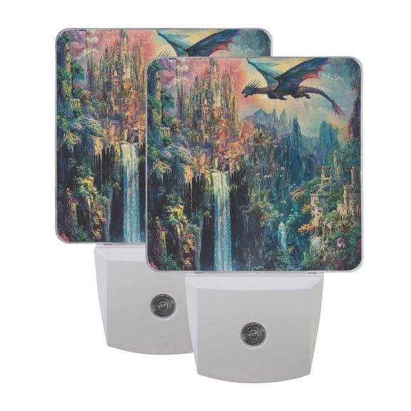WOBOGO Magic Dragon Castle LED Night Light 2 Pcs Set 0.5 Watt Wall Plug in Dusk to Dawn Automatic Switch Soft White Light