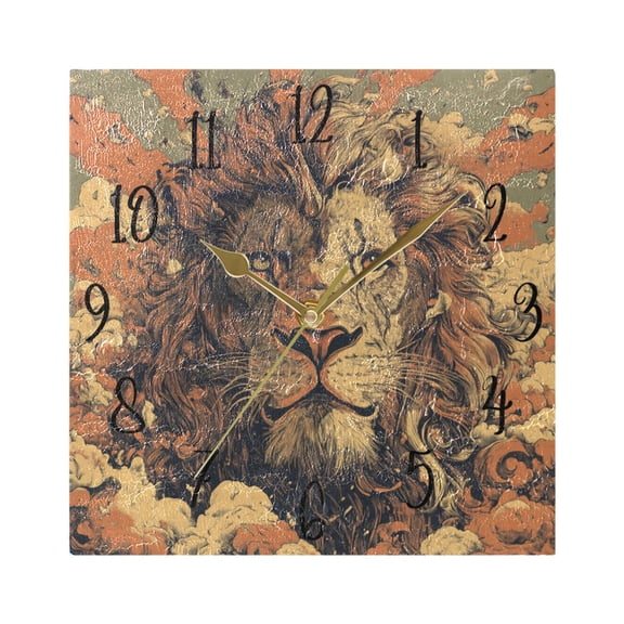 WOBOGO Magnificent Lion Pattern Wall Clock 7.78 Inch Battery Operated Silent Unit Square Rustic Vintage Style for Home Bedroom Office Gold Pointer