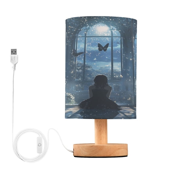 WOBOGO Maiden Gazing at Night View Bedroom Table Lamp USB Power Connector Wooden Base Round Linen Shade For Living Room Desk