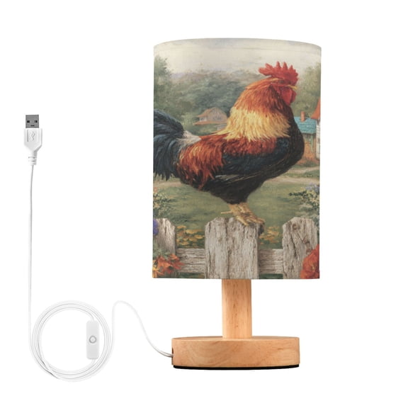 WOBOGO Majestic Rooster Bedroom Table Lamp USB Power Connector Wooden Base Round Linen Shade For Living Room Desk