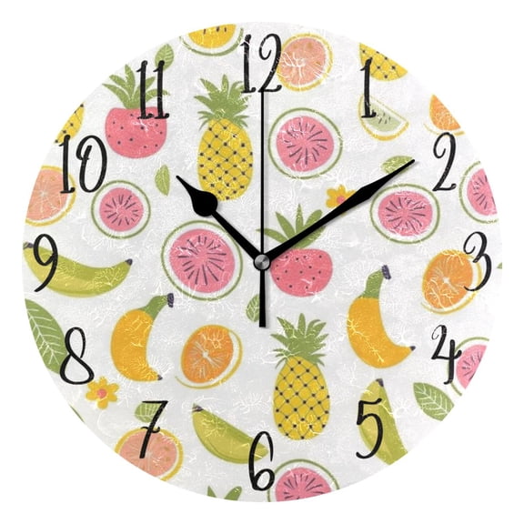 WOBOGO Many Different Fruits on White Background Wall Clock 10in Silent Mechanism Battery Operated Retro Style for Living Room Bedroom and Kitchen Black Pointer