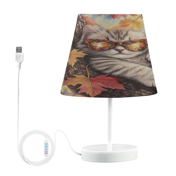 WOBOGO Maple Leaf Cat Table Lamps Bedroom 3-Speed Dimmable Farm Style with Fabric Shade for Reading and Home Office