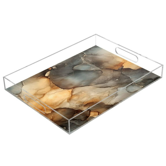 WOBOGO Marble Brown Pattern Acrylic Serving Trays 15.7x11.8 Inch Spill Proof Clear Decorative Organizer with Handle