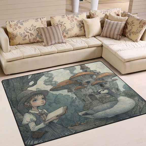 WOBOGO Medieval Mushroom Castle Carpet Non-Slip Rugs Soft Doormat 63×48in Living Dining Room Bedroom Decorative