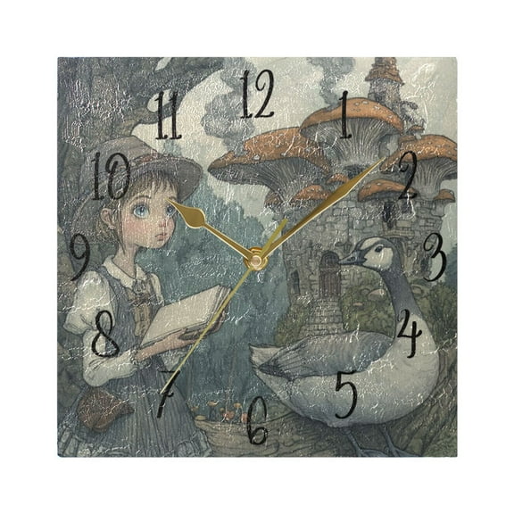 WOBOGO Medieval Mushroom Castle Wall Clock 7.78 Inch Battery Operated Silent Unit Square Rustic Vintage Style for Home Bedroom Office Gold Pointer