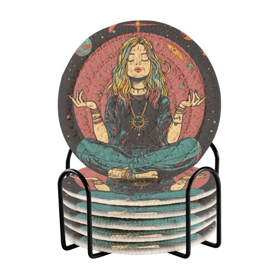 WOBOGO Meditating Woman Outer Space Coil Coasters Set of 6 Minimalist Cotton Woven 3.94 inch Non-Slip Insulated and Absorbent Home Accessories.