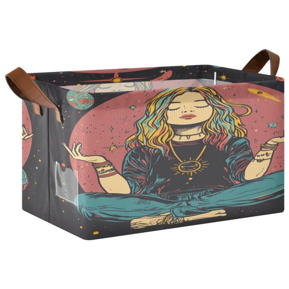 WOBOGO Meditating Woman Outer Space Storage Basket 16.9×11.4×10in Collapsible Oversized with Metal Iron Frame Set of 1