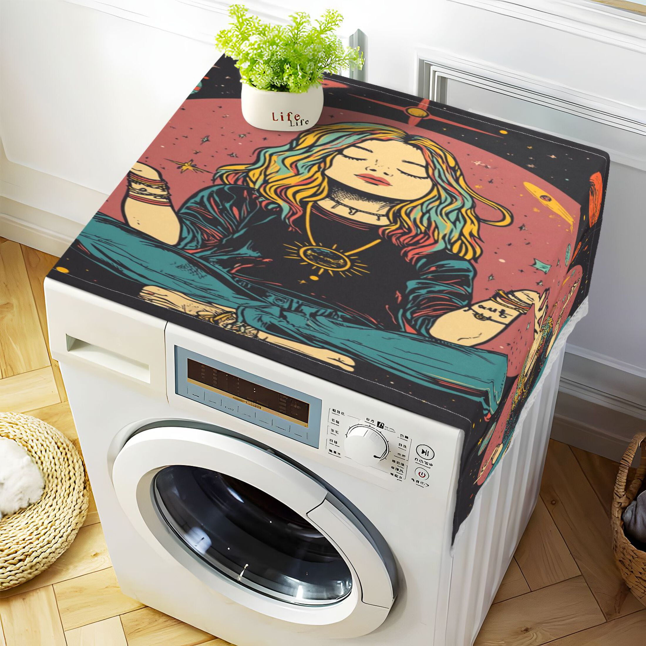 WOBOGO Meditating Woman Outer Space Washing Machine Cloth Dryer Refrigerator Top Cover Protective Non-Slip Mat For Kitchen Laundry