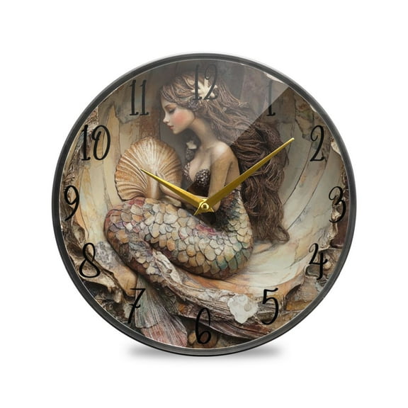 WOBOGO Mermaid Inside The Shell Acrylic Wall Clock Battery Operated 9.5in Silent No Tick Bedroom Living Room Office Classroom Decoration