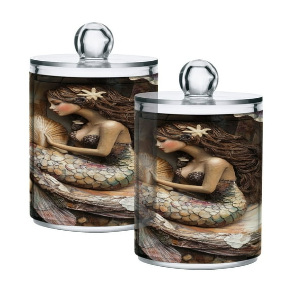 WOBOGO Mermaid Inside The Shell Transparent Plastic Jar 2pcs Cotton Swabs Balls Pads Floss Stick Dispenser Bathroom Vanity Storage Organizer