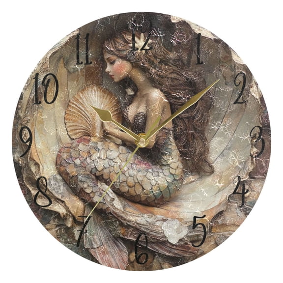 WOBOGO Mermaid Inside The Shell Wall Clock 10in Silent Mechanism Battery Operated Retro Style for Living Room Bedroom and Kitchen Gold Pointer