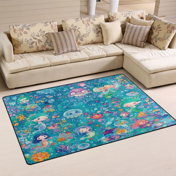 WOBOGO Mermaid Jellyfish Colorful Patterns Carpet Non-Slip Rugs Soft Doormat 31×20in Living Dining Room Bedroom Decorative