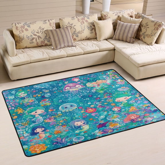 WOBOGO Mermaid Jellyfish Colorful Patterns Carpet Non-Slip Rugs Soft Doormat 36×24in Living Dining Room Bedroom Decorative