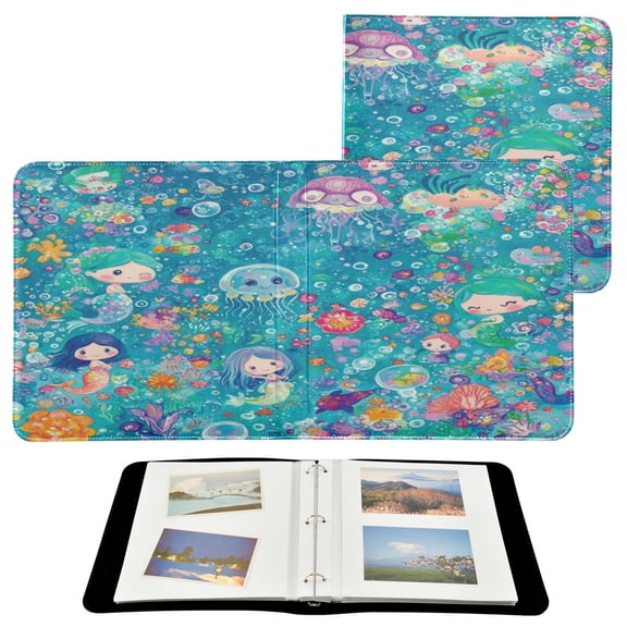 WOBOGO Mermaid Jellyfish Colorful Patterns Photo Albums 20 Pages Large Capacity DIY Self-adhesive Page PU Leather Cover for Family Wedding Anniversary Baby Vacation Photos 2411.8in