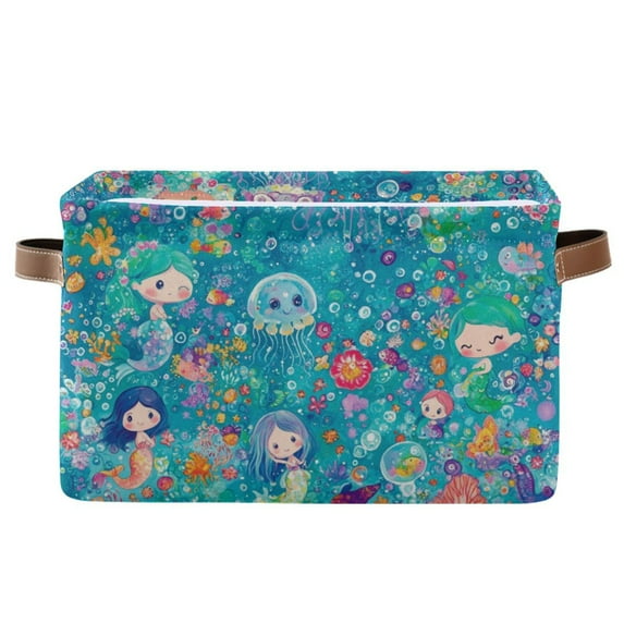 WOBOGO Mermaid Jellyfish Colorful Patterns Square Storage Basket with Waterproof Canvas and PE Lining Durable PU Leather Handles 14.2×10.2×8.3in