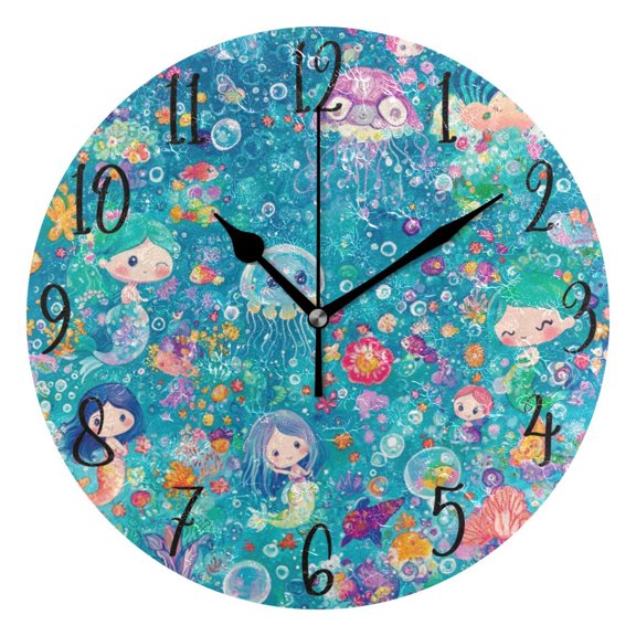 WOBOGO Mermaid Jellyfish Colorful Patterns Wall Clock 10in Silent Mechanism Battery Operated Retro Style for Living Room Bedroom and Kitchen Black Pointer