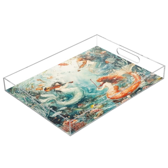 WOBOGO Mermaid Plays Music Acrylic Serving Trays 15.7x11.8 Inch Spill Proof Clear Decorative Organizer with Handle