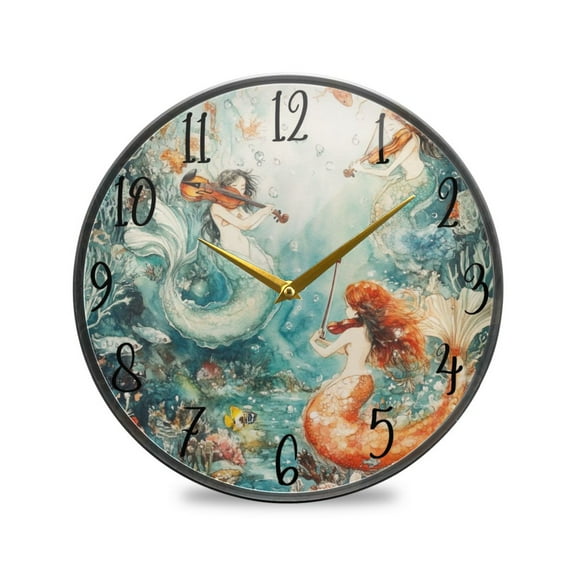 WOBOGO Mermaid Plays Music Acrylic Wall Clock Battery Operated 11.9in Silent No Tick Bedroom Living Room Office Classroom Decoration