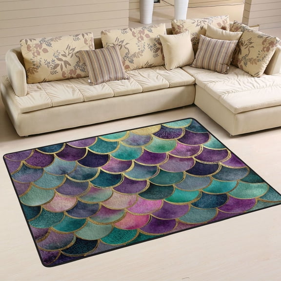 WOBOGO Mermaid Scales Carpet Non-Slip Rugs Soft Doormat 72×48in Living Dining Room Bedroom Decorative
