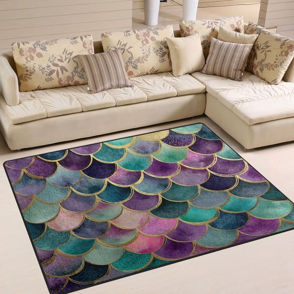 WOBOGO Mermaid Scales Carpet Non-Slip Rugs Soft Doormat 80×58in Living Dining Room Bedroom Decorative