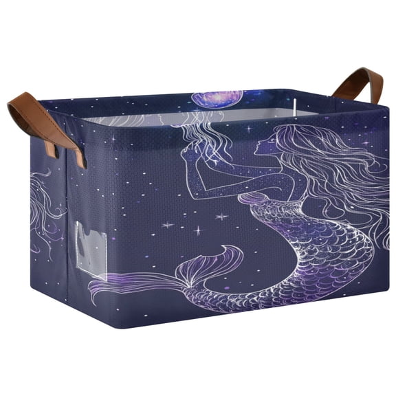 WOBOGO Mermaid and Jellyfish Storage Basket 16.9×11.4×10in Collapsible Oversized with Metal Iron Frame Set of 1