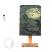 WOBOGO Midnight Dark Crow Bedroom Table Lamp USB Power Connector Wooden Base Round Linen Shade For Living Room Desk