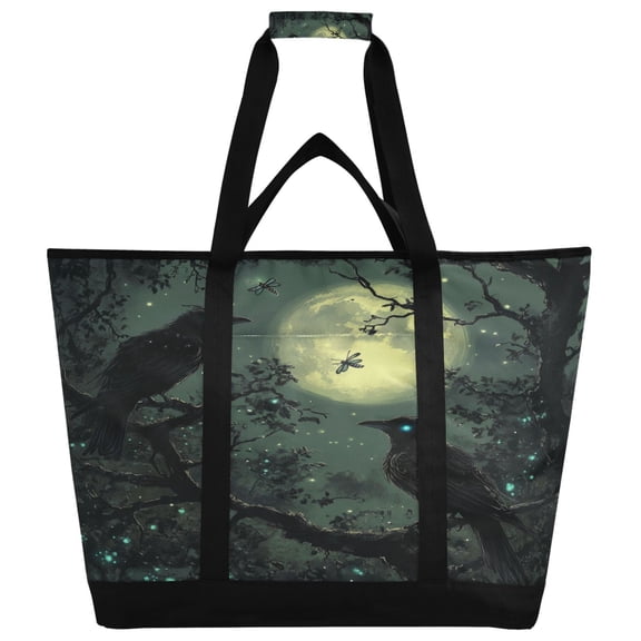 WOBOGO Midnight Dark Crow Tote Cooler Bag Fold Flat Insulated Shopping Bag With Zipper For Work Picnic Beach Use 186.724in