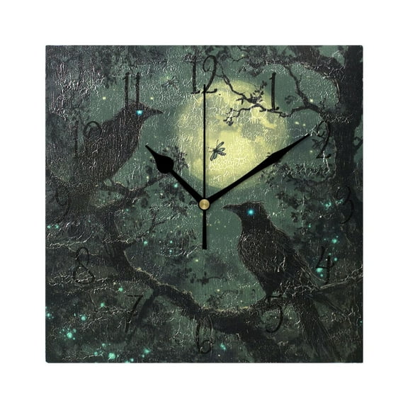 WOBOGO Midnight Dark Crow Wall Clock 7.78 Inch Battery Operated Silent Unit Square Rustic Vintage Style for Home Bedroom Office Black Pointer