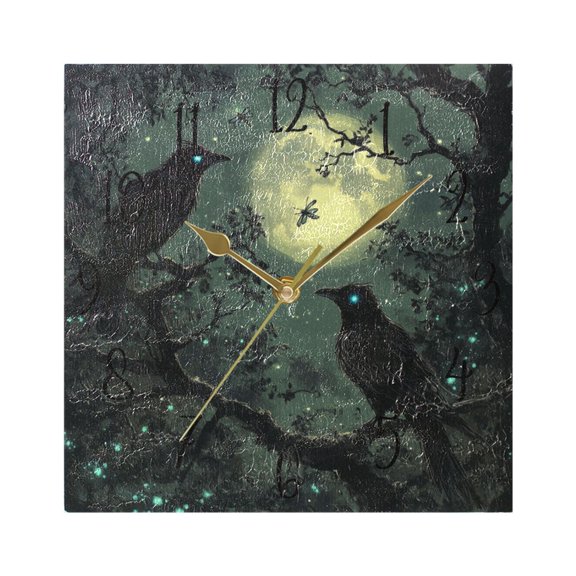 WOBOGO Midnight Dark Crow Wall Clock 7.78 Inch Battery Operated Silent Unit Square Rustic Vintage Style for Home Bedroom Office Gold Pointer