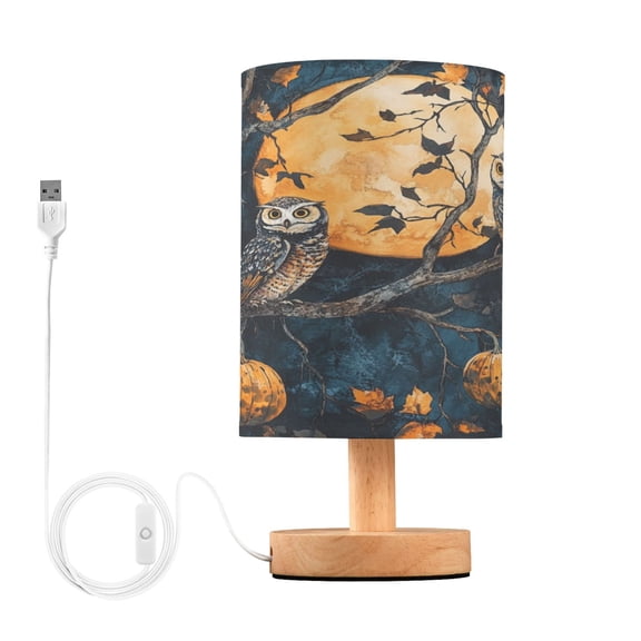 WOBOGO Midnight Owls Bedroom Table Lamp USB Power Connector Wooden Base Round Linen Shade For Living Room Desk