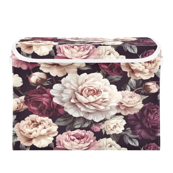 WOBOGO Milk White Peony Large Collapsible Storage Box Flip Lid Fabric Decorative Organizer Container Basket with Handles 16.512.611.8in