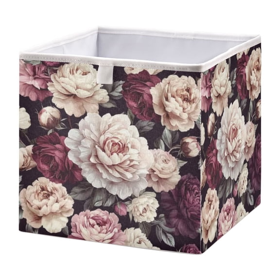 WOBOGO Milk White Peony Storage Basket Foldable Easy to Clean Durable with Hollow Support Plate with Handle 15.75×10.63×6.96 in